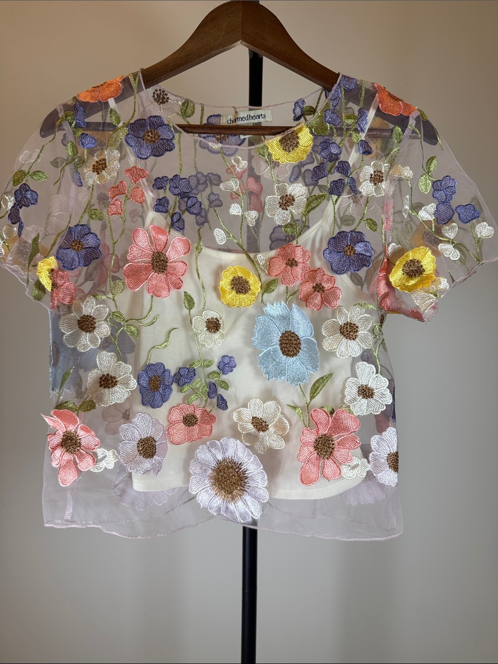 Charmed Hearts Floral 3D Appliqué Sheer Mesh Overlay Crop Top + Camisole Set | M